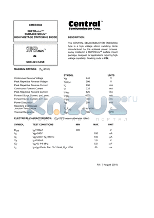 CMDD2004 datasheet - SUPERmini. SURFACE MOUNT HIGH VOLTAGE SWITCHING DIODE