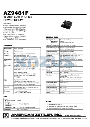 AZ9481F-1A-24D datasheet - 16 AMP LOW PROFILE POWER RELAY