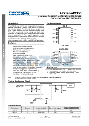 AP2145 datasheet - 0.5A SINGLE CHANNEL CURRENT-LIMITED POWER SWITCH WITH OUTPUT DISCHARGE