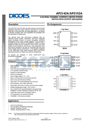 AP2152AFGEG-7 datasheet - 0.5A DUAL CHANNEL CURRENT-LIMITED POWER SWITCH WITH OUTPUT DISCHARGE