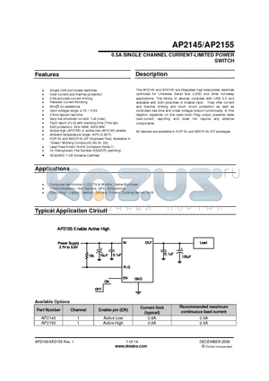 AP2155SG-13 datasheet - 0.5A SINGLE CHANNEL CURRENT-LIMITED POWER SWITCH