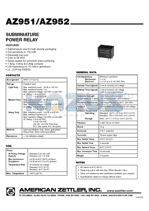 AZ951-1C-12DE datasheet - SUBMINIATURE POWER RELAY