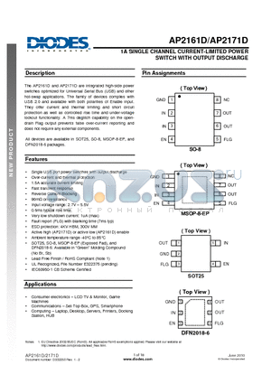 AP2161DFMG-7 datasheet - 1A SINGLE CHANNEL CURRENT-LIMITED POWER SWITCH WITH OUTPUT DISCHARGE