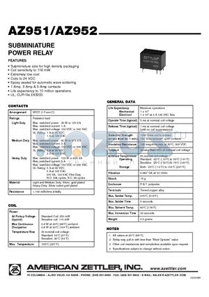 AZ951 datasheet - SUBMINIATURE POWER RELAY