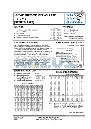 1520A-40-2.0A datasheet - 10-TAP DIP/SMD DELAY LINE TD/TR = 5