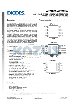 AP2182A datasheet - 1.5A DUAL CHANNEL CURRENT-LIMITED POWER SWITCH WITH OUTPUT DISCHARGE