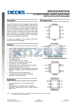 AP2191D datasheet - 1.5A SINGLE CHANNEL CURRENT-LIMITED POWER SWITCH WITH OUTPUT DISCHARGE