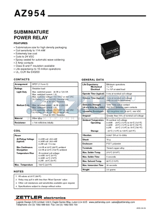 AZ954X-1C-12D datasheet - SUBMINIATURE POWER RELAY