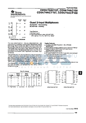 CD74ACT157 datasheet - QUAD 2-INPUT MULTIPLEXERS