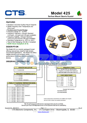 425FX2EM datasheet - Surface Mount Quartz Crystal