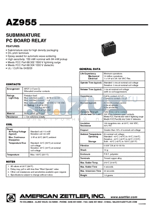 AZ955 datasheet - SUBMINIATURE PC BOARD RELAY