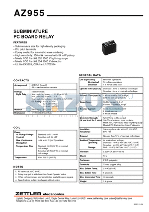 AZ955-1C-1.5DSE datasheet - SUBMINIATURE PC BOARD RELAY