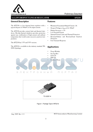 AP2218T-3.3E1 datasheet - 1A LOW DROPOUT LINEAR REGULATOR