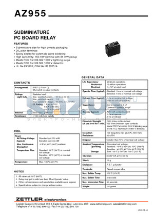 AZ955-1C-9DE datasheet - SUBMINIATURE PC BOARD RELAY