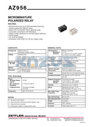 AZ956 datasheet - MICROMINIATURE POLARIZED RELAY