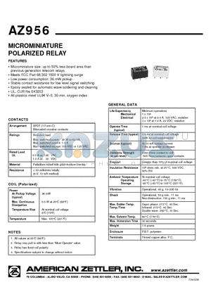 AZ956-12DE datasheet - MICROMINIATURE POLARIZED RELAY