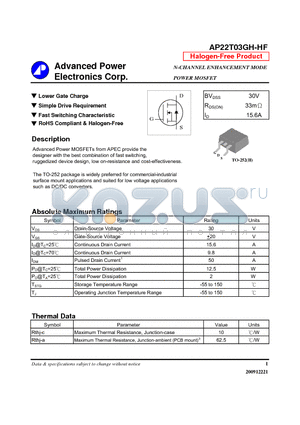 AP22T03GH-HF datasheet - Lower Gate Charge Simple Drive Requirement