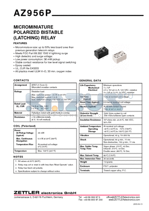 AZ956P datasheet - MICROMINIATURE POLARIZED BISTABLE (LATCHING) RELAY