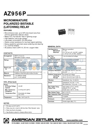 AZ956P datasheet - MICROMINIATURE POLARIZED BISTABLE (LATCHING) RELAY