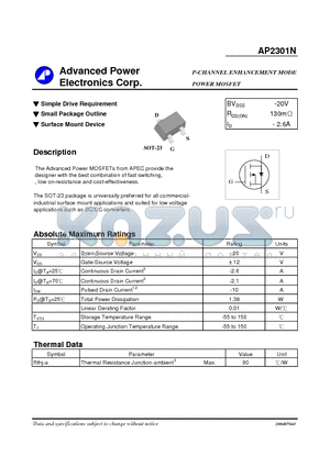 AP2301N datasheet - P-CHANNEL ENHANCEMENT MODE