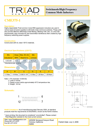 CME375-1 datasheet - Switchmode/High Frequency Common Mode Inductors