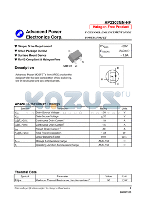 AP2303GN-HF datasheet - Simple Drive Requirement, Small Package Outline