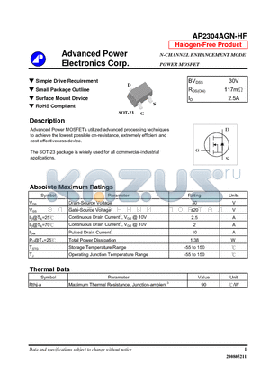 AP2304AGN-HF datasheet - Simple Drive Requirement, Small Package Outline
