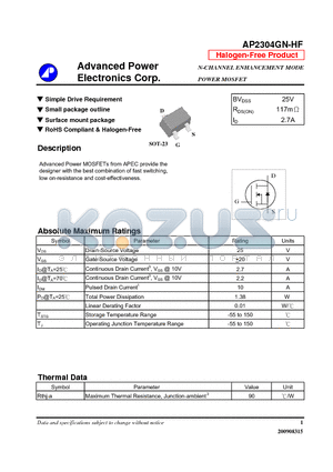 AP2304GN-HF datasheet - Simple Drive Requirement, Small package outline