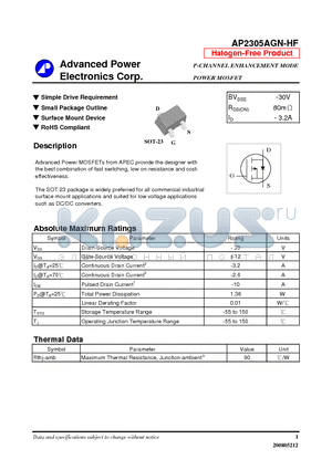 AP2305AGN-HF datasheet - Simple Drive Requirement, Small Package Outline