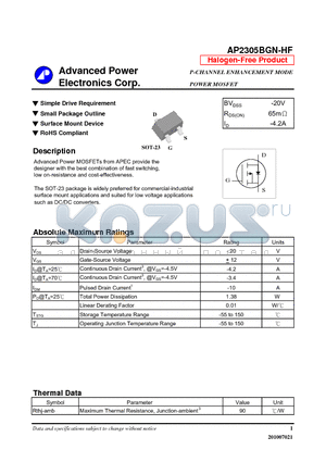 AP2305BGN-HF datasheet - Simple Drive Requirement, Small Package Outline