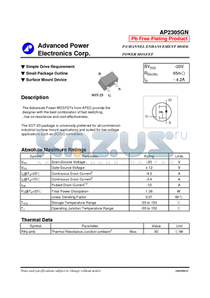 AP2305GN datasheet - P-CHANNEL ENHANCEMENT MODE POWER MOSFET