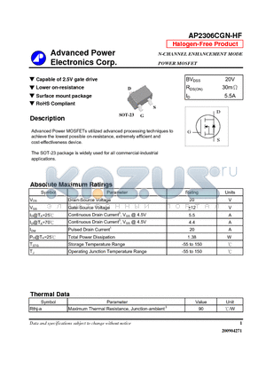 AP2306CGN-HF datasheet - Capable of 2.5V gate drive, Lower on-resistance