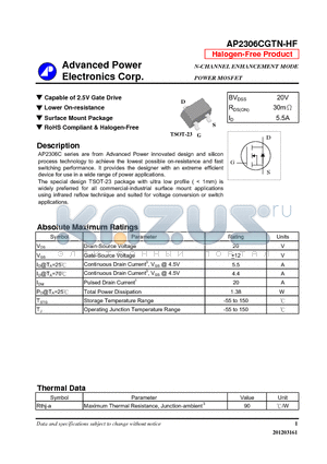 AP2306CGTN-HF datasheet - Capable of 2.5V Gate Drive, Lower On-resistance