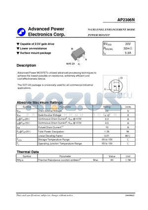 AP2306N datasheet - N-CHANNEL ENHANCEMENT MODE POWER MOSFET