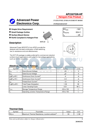 AP2307GN-HF datasheet - Simple Drive Requirement, Small Package Outline