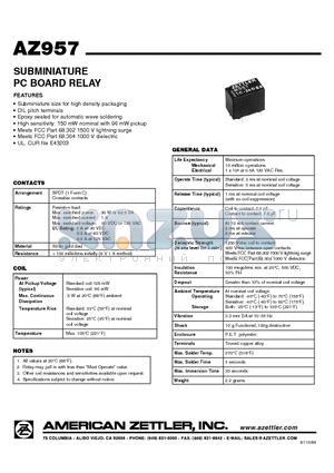 AZ957 datasheet - SUBMINIATURE PC BOARD RELAY