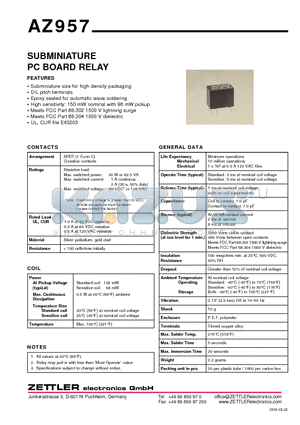 AZ957-1C-1.5DE datasheet - SUBMINIATURE PC BOARD RELAY