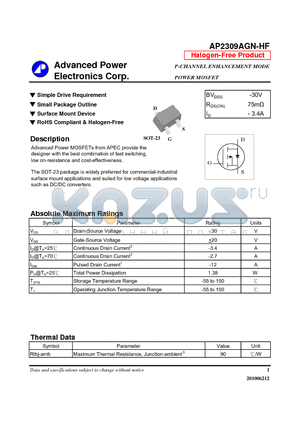 AP2309AGN-HF datasheet - Simple Drive Requirement, Small Package Outline