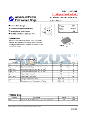 AP2310GG-HF datasheet - Lower Gate Charge, Fast Switching Characteristic