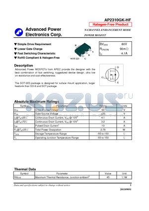 AP2310GK-HF datasheet - Simple Drive Requirement, Lower Gate Charge, Fast Switching Characteristic
