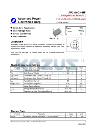 AP2310GN-HF datasheet - Simple Drive Requirement, Small Package Outline, Surface Mount Device