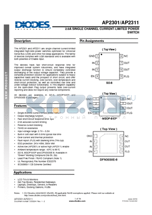 AP2311 datasheet - 2.0A SINGLE CHANNEL CURRENT-LIMITED POWER SWITCH