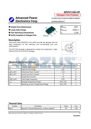 AP2311GK-HF datasheet - Simple Drive Requirement, Lower Gate Charge, Fast Switching Characteristic
