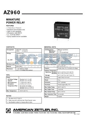 AZ960-1C-12D datasheet - MINIATURE POWER RELAY
