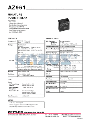 AZ961 datasheet - MINIATURE POWER RELAY