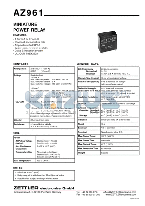 AZ961-1A-24DS datasheet - MINIATURE POWER RELAY