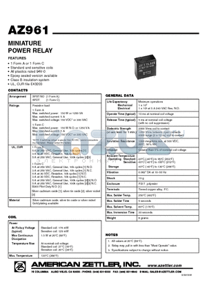 AZ961-1A-3DS datasheet - MINIATURE POWER RELAY