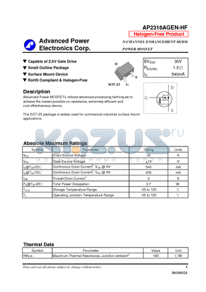 AP2318AGEN-HF datasheet - Capable of 2.5V Gate Drive, Small Outline Package, Surface Mount Device