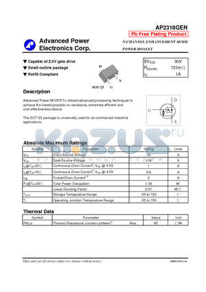 AP2318GEN datasheet - N-CHANNEL ENHANCEMENT MODE POWER MOSFET