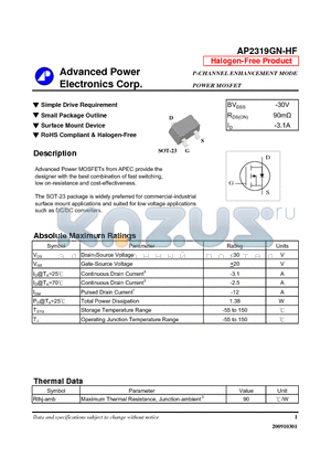 AP2319GN-HF datasheet - Simple Drive Requirement, Small Package Outline